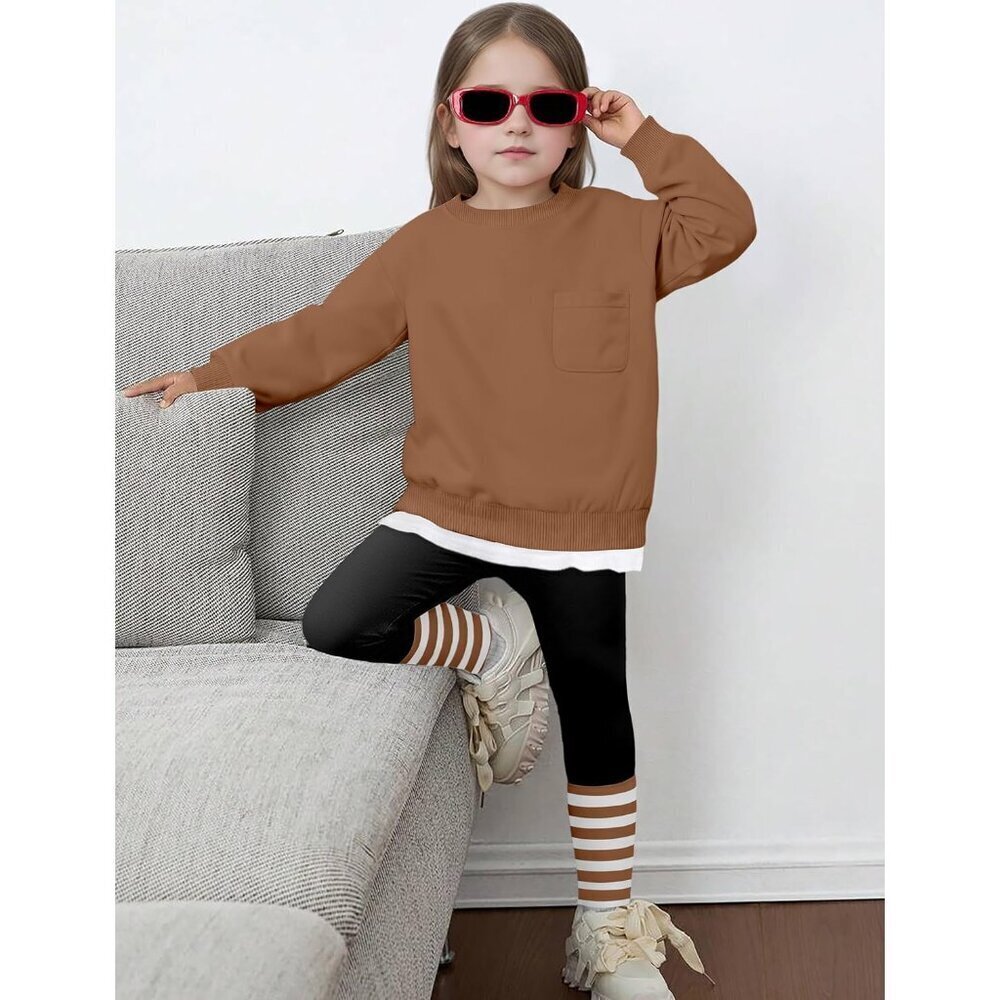 Little Girls Clothes 2Pcs Girls Outfits Pullover Sweatsuit Patchwork Striped Leg - Picture 4 of 7